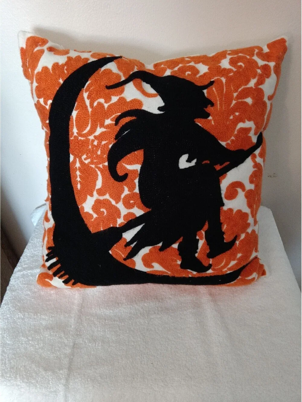 The Midnight Market Halloween Witch Silhouette Throw Pillow Orange Damask 18x18